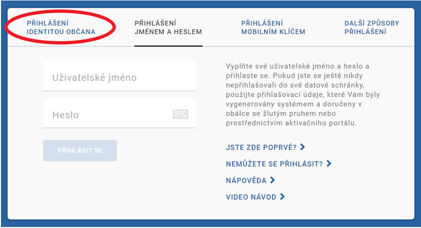 Zřízení datové schránky online po přihlášení přes Identitu občana bez